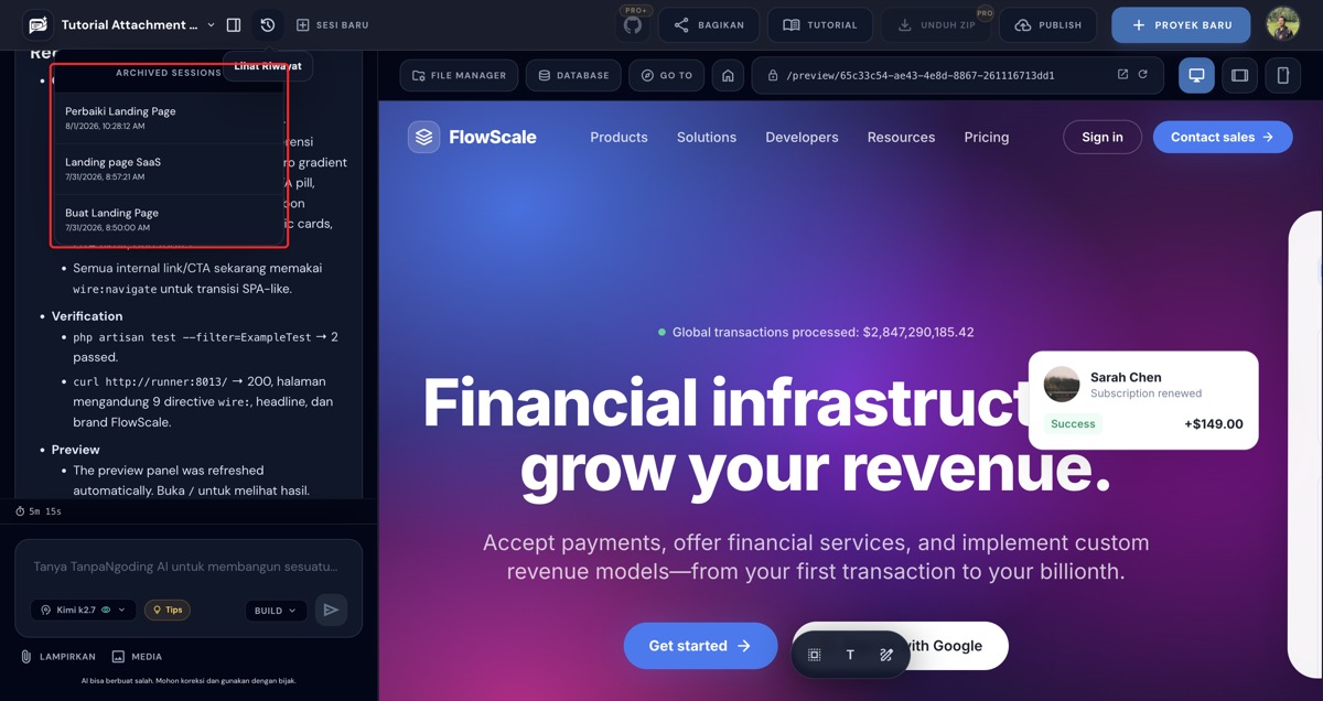 Dropdown Archived Sessions menampilkan daftar sesi chat lama