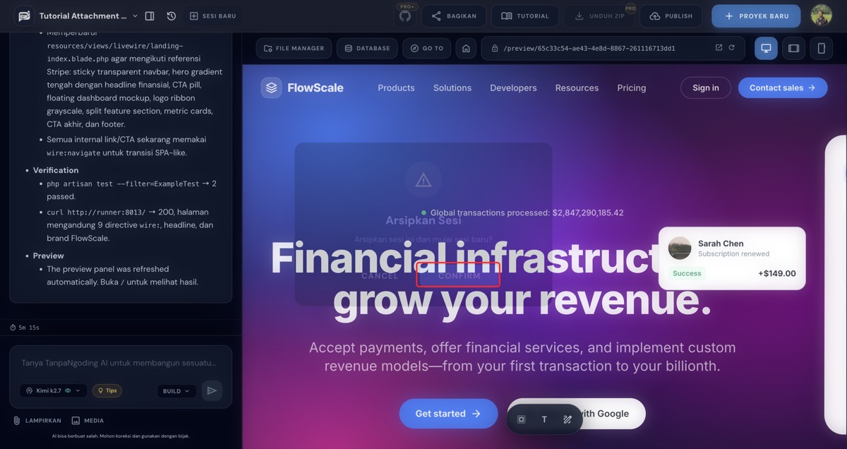 Dialog konfirmasi Arsipkan Sesi dengan tombol Confirm ditandai