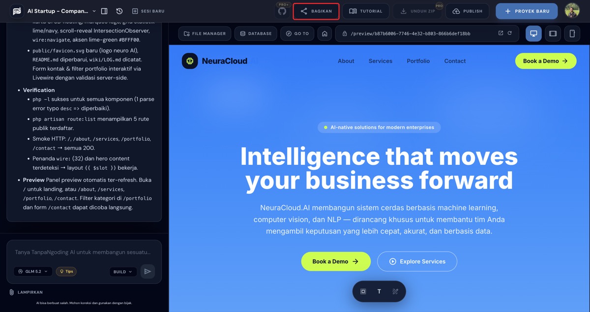 Tombol BAGIKAN di top bar builder TanpaNgoding AI