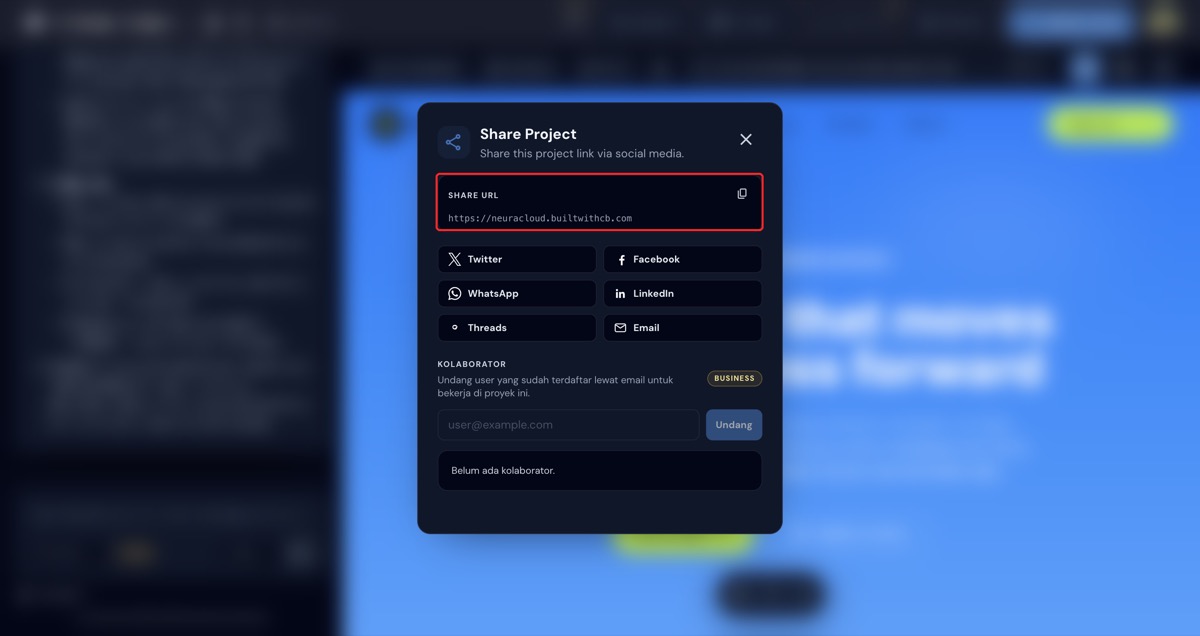 Share URL project dengan tombol copy di modal Share Project