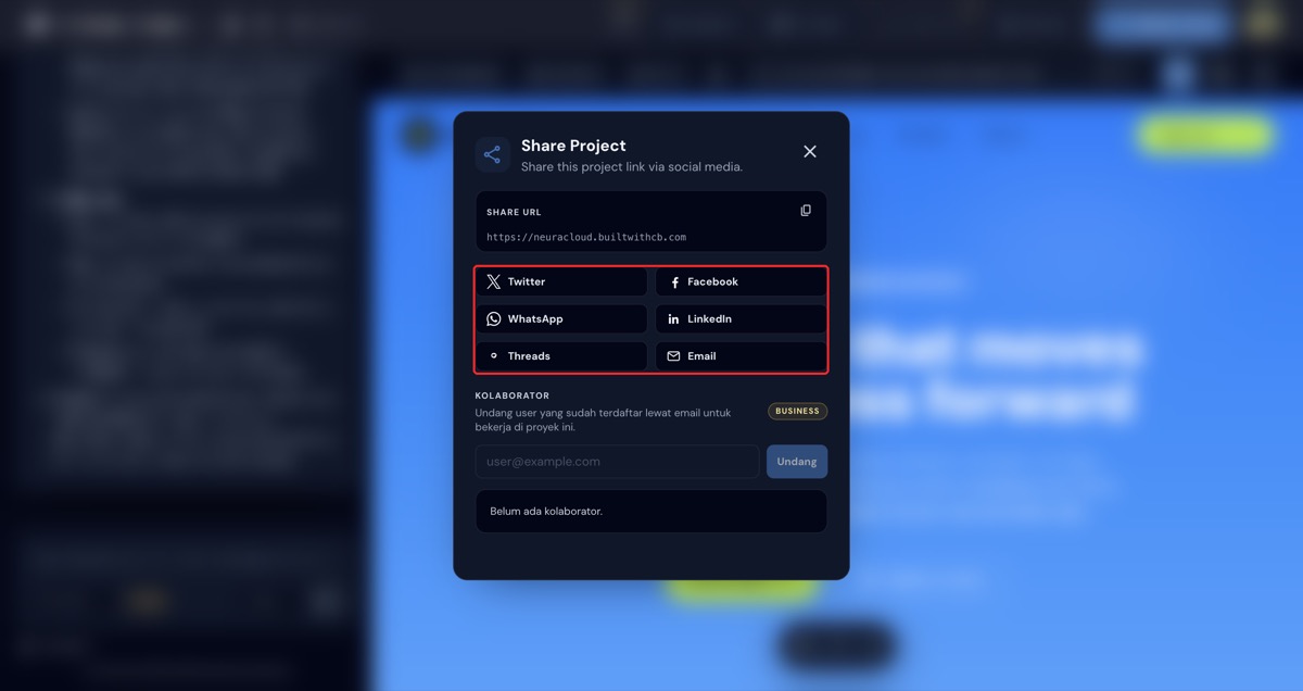 Tombol share ke Twitter, Facebook, WhatsApp, LinkedIn, Threads, dan Email