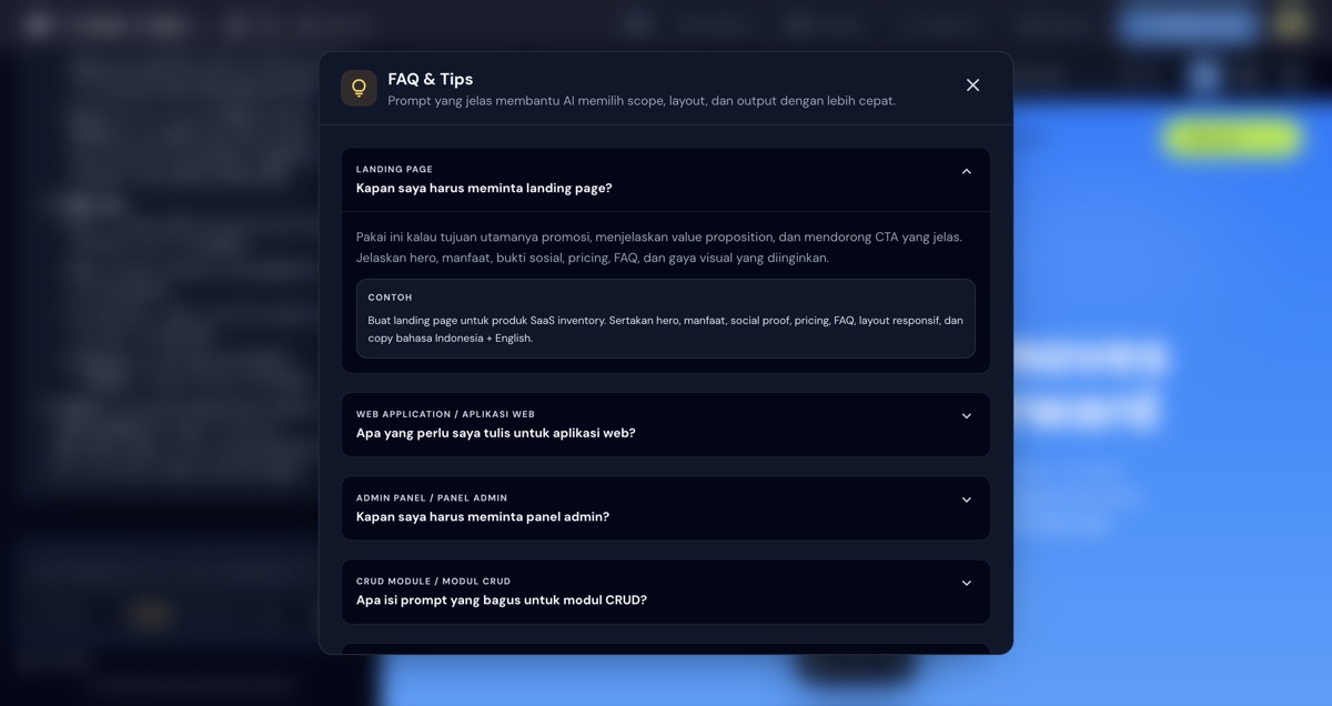 FAQ Landing Page dengan contoh prompt di modal Tips builder TanpaNgoding AI