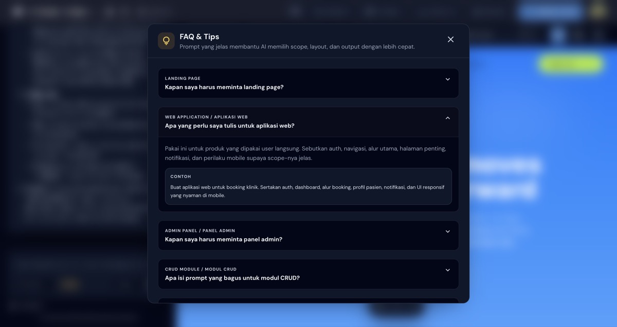 FAQ Web Application dengan contoh prompt aplikasi booking klinik di modal Tips