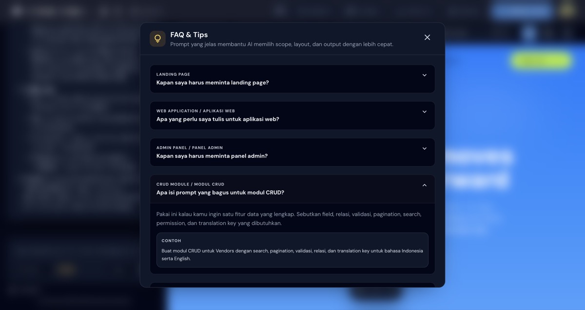 FAQ CRUD Module dengan contoh prompt modul Vendors di modal Tips