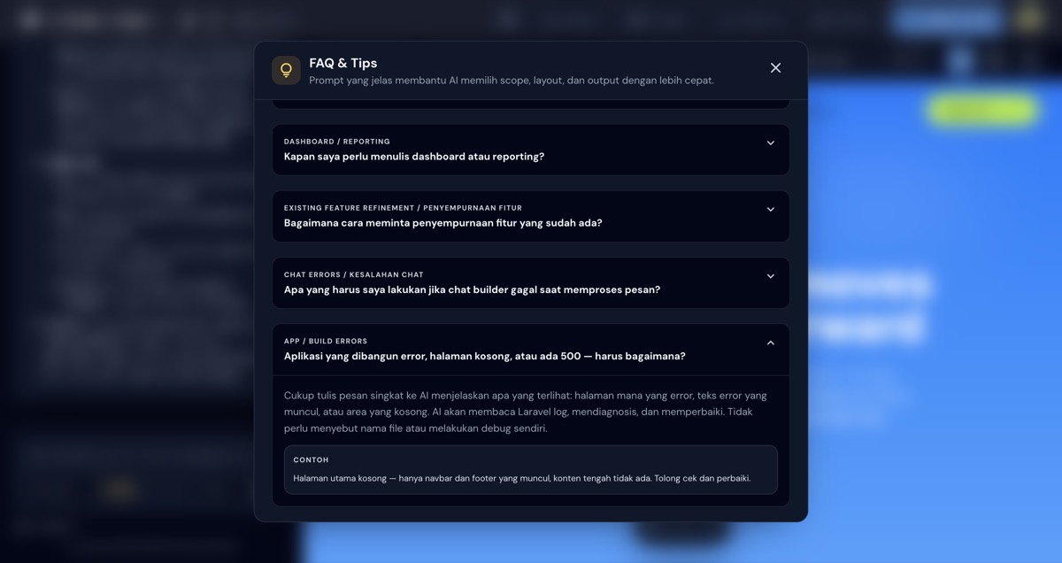 FAQ App Build Errors dengan contoh cara melaporkan halaman kosong ke AI di modal Tips