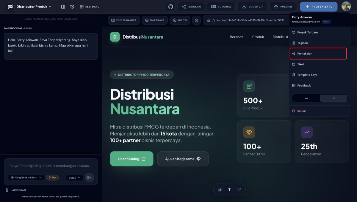 Menu Pemakaian di dropdown avatar builder TanpaNgoding AI
