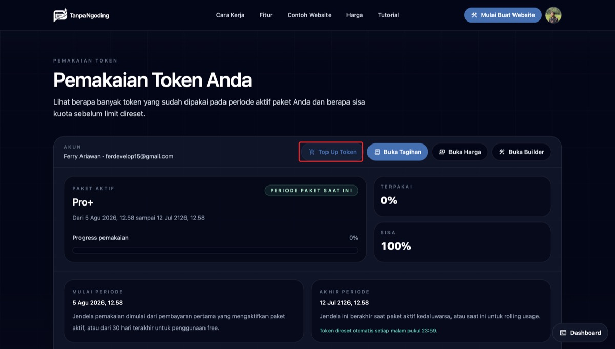 Tombol Top Up Token di halaman Pemakaian
