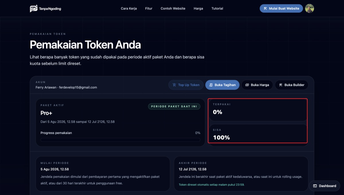 Kartu Terpakai dan Sisa token di halaman Pemakaian