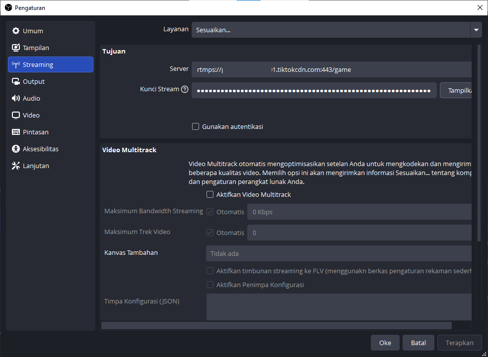 cara memasukkan stream key tiktok ke obs